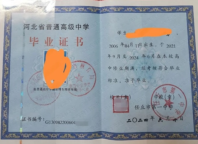 北川任丘市第一中学高中毕业证样本图片